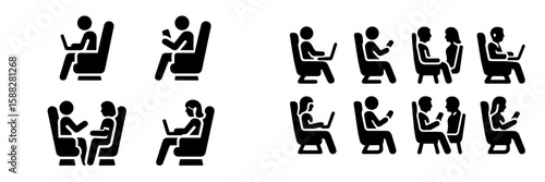Icons depicting passengers using electronic devices while seated in an airplane cabin