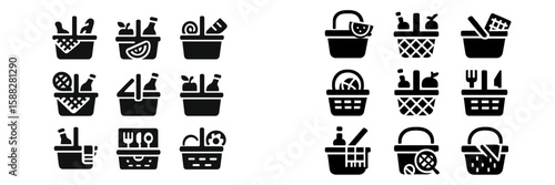 Creative picnic basket icons showcasing various food items and drinks suitable for outdoor gatherings and celebrations