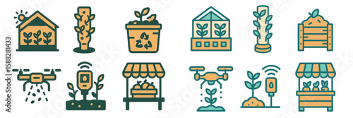 Illustrations of sustainable gardening practices featuring greenhouses, drones, and urban farming