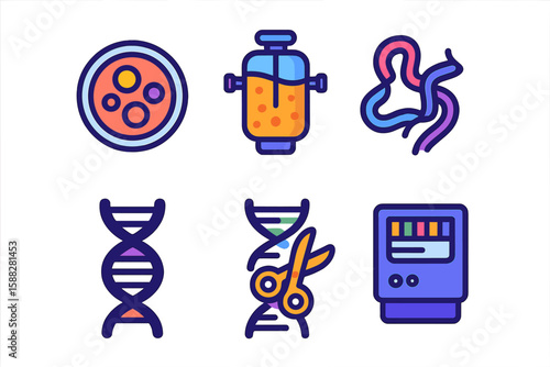 Illustrations of biological processes and tools highlighting cellular activity in a laboratory setting