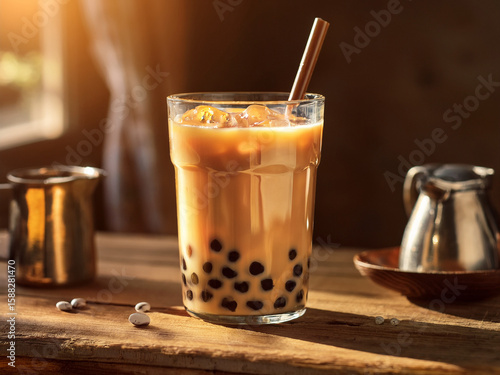 Bubble tea on wooden table in sunlit café with relaxing afternoon mood
