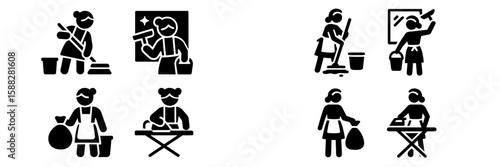 Housekeeping activities depicted through simple icons showing cleaning and maintenance tasks in a domestic setting