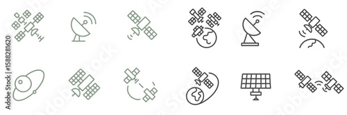 Collection of various satellite and communication technology icons representing global connectivity and space exploration