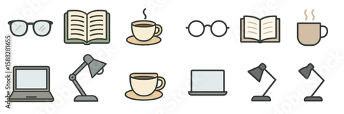 Various elements of a cozy workspace featuring books, coffee, and lamps in a relaxed setting for focused activities