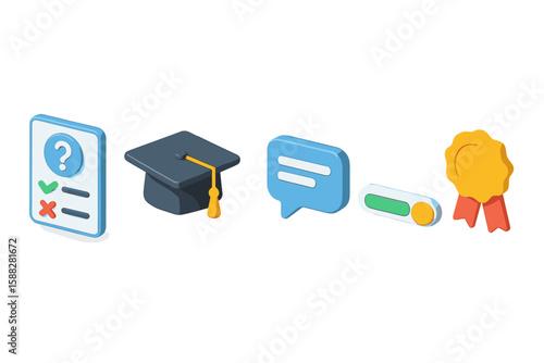 Icons representing education, assessment, communication, and achievement in a digital format for a modern learning environment
