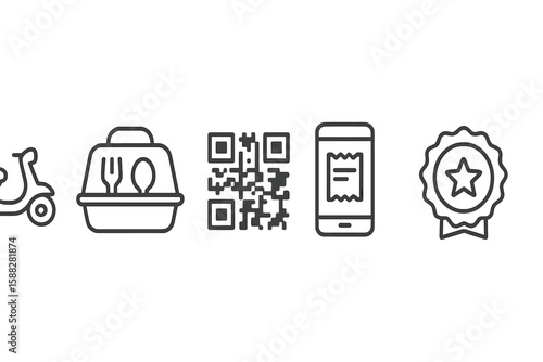 Food delivery service icons highlighting modern dining convenience through technology and on-demand options