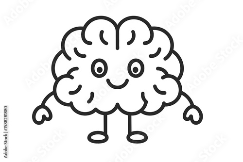 Cartoon brain character with arms and legs smiling joyfully against a white background during a creative design brainstorming session