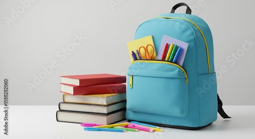Wallpaper Mural 青色リュックと教科書 明るい光で輝く準備万端. AI Generated Torontodigital.ca