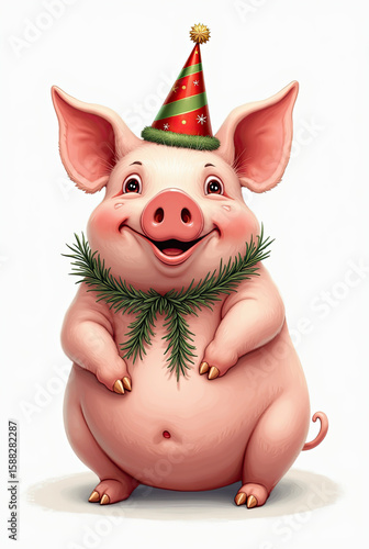 Happy pig wearing a party hat and festive collar celebrates in joyful spirit