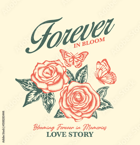 Rose tattoo design. Rose flower with eternal love . print design for apparel, stickers, posters and background. Vintage floral print vector artwork for t shirt and othersRose flower beautiful with but