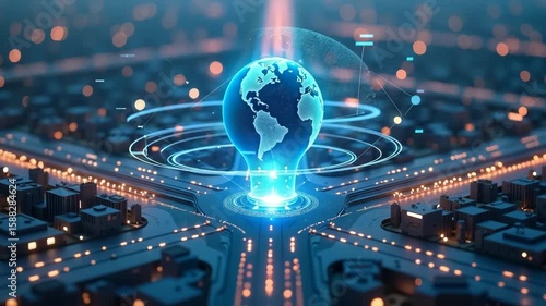 Futuristic technology showcases glowing earth as central element in detailed cityscape. Futuristic technology illuminates global network,
