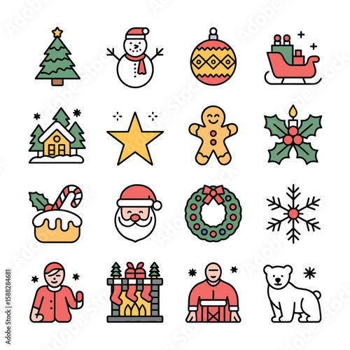 Colorful Christmas Icons Set Featuring Santa Claus Snowman Christmas Tree Gingerbread Man Holly Wreath Snowflake and More Festive Elements in a Flat Line Art Style