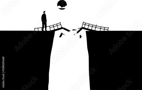 A symbol of emotional despair and loss of connection. A person stands in front of a destroyed bridge over a chasm, and the inability to reach the other side represents a sense of doom and loss.