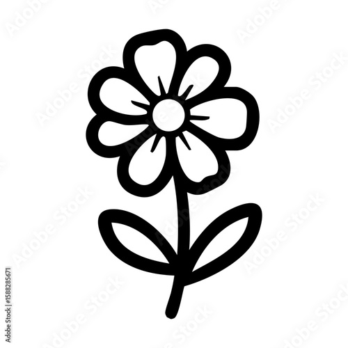 A black and white doodle of a daisy with seven petals and two leaves hand drawing vector illustration