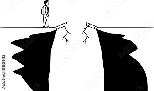 A symbol of emotional despair and loss of connection. A person stands in front of a destroyed bridge over a chasm, and the inability to reach the other side represents a sense of doom and loss.