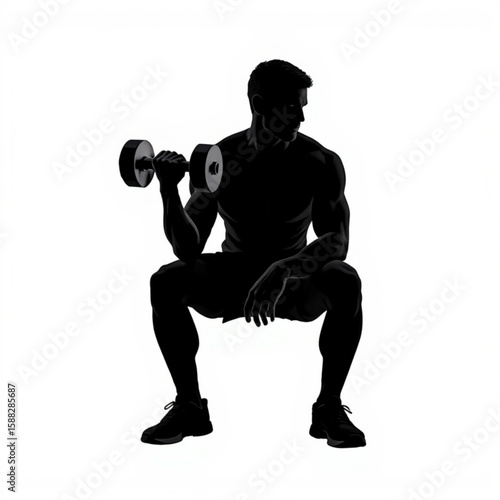Silhouette of a muscular man seated lifting a dumbbell in a fitness and exercise concept image