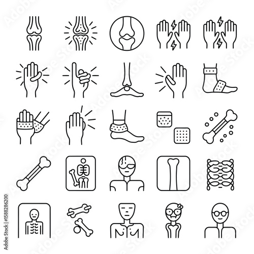 Collection of Black Line Icons Depicting Joint Pain Bone Fractures and Related Medical Conditions Including Hands Feet Ankles Knees and X Ray Images