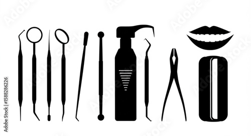 Silhouette illustration of dental tools including mirrors pick and dental hygiene items on white background