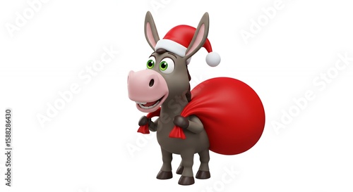 Cartoon donkey with santa hat and gift bag