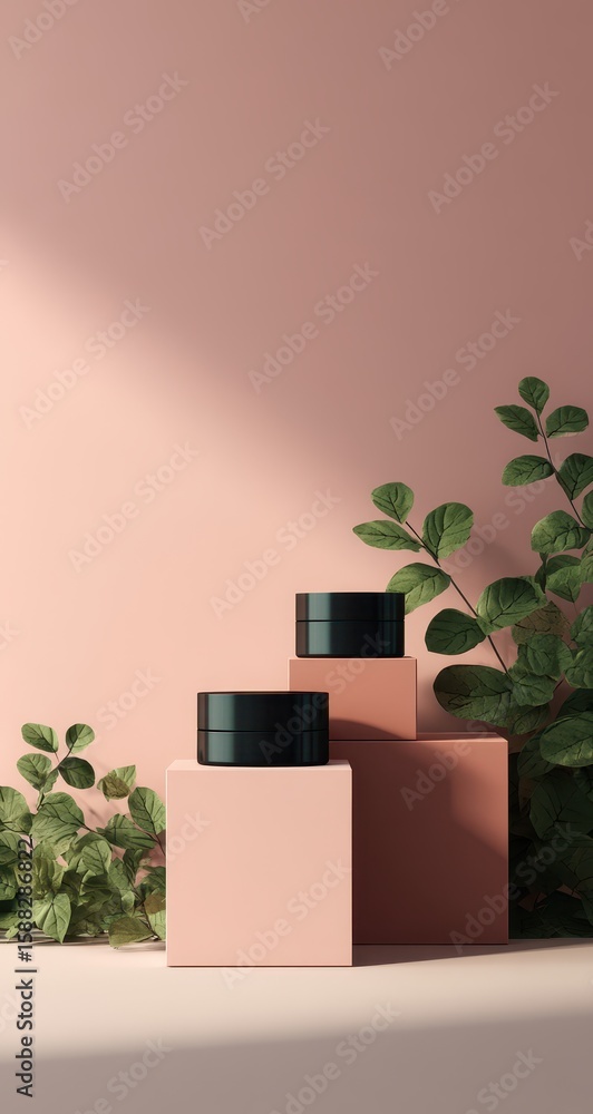 Fototapeta premium Pink podiums, black jars, greenery