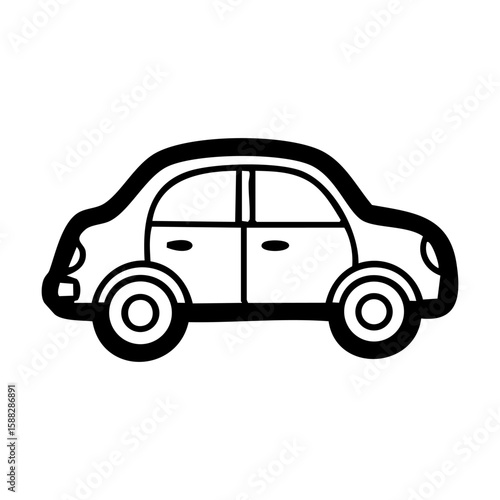 A black and white line drawing of a cartoon car hand drawing vector illustration