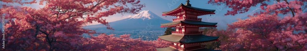 Fototapeta premium wide panorama view on Chureito Pagoda in cherry blossom season