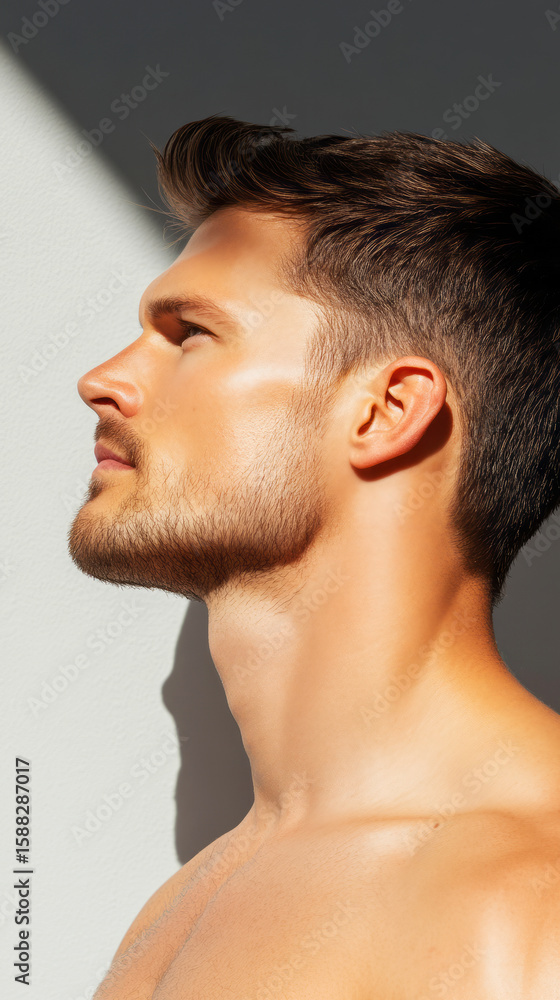 Fototapeta premium Male Model Profile with Strong Jawline and Natural Light Holding a Thoughtful Expression