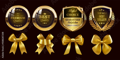 Golden luxury labels and banners, gold badge vector .premium quality certificate seal ribbons, Shield, VIP,super quality sticker tags and banners for best product seals,top no.1 best seller with crown