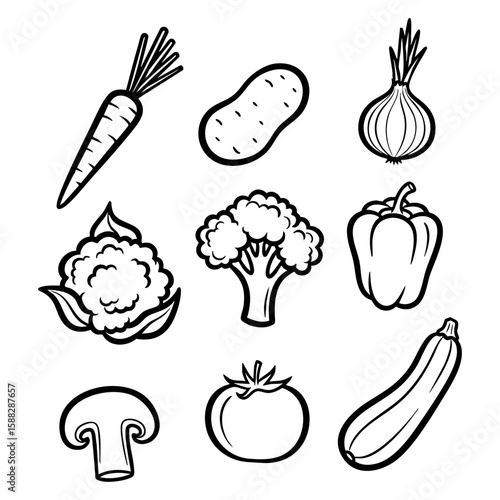 A collection of nine black and white illustrations of vegetables hand drawing vector illustration