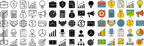 Collection of hand-drawn business and finance icons in outline glyph and color styles Doodle-style symbols for marketing office and strategy concepts.