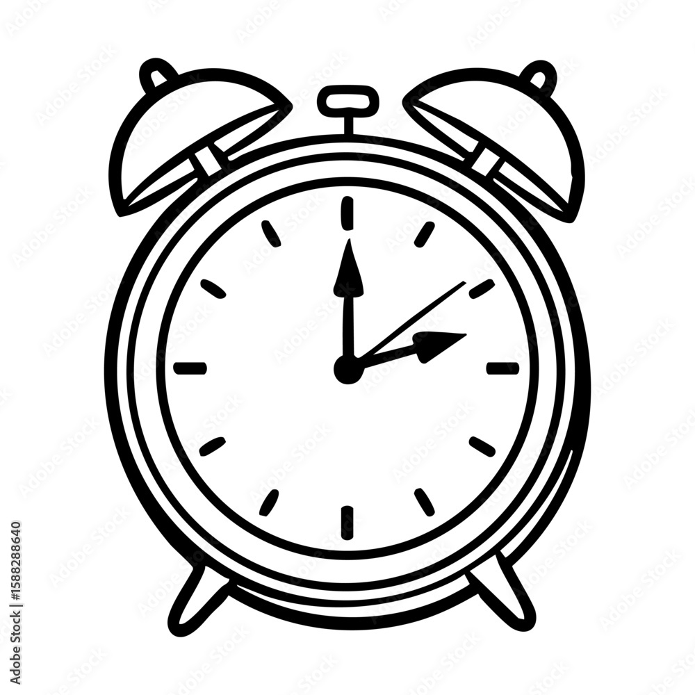 Black and white illustration of an alarm clock with two bells hand drawing vector illustration Black and white illustration of an alarm clock with two bells hand drawing vector illustration