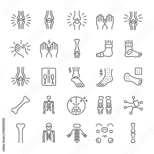 Collection of Black Line Icons Depicting Bones Joints Injuries X Ray and Medical Treatments for Orthopedics and Rheumatology