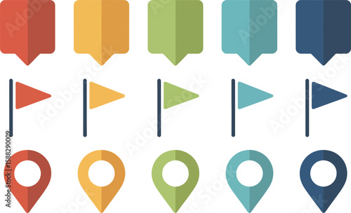 A collection of colorful map markers and flags arranged in neat rows and columns