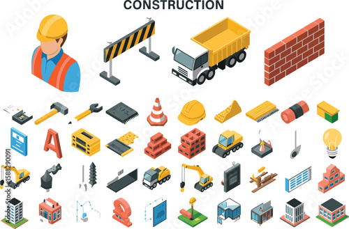 Isometric construction elements including worker truck brick wall and buildings