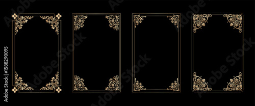 Gold rectangle frames set art deco Thin golden Luxury glowing shiny floral vintage borders linear rectangular shape bundle decor Victorian ornament elements lines for invitations card photo book cover