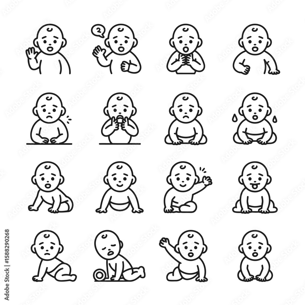 Sixteen Line Art Illustrations of Babies in Various Poses and Expressions Including Sitting Crawling Reaching and Showing Different Facial Expressions Such as Happy Sad Sixteen Line Art Illustrations of Babies in Various Poses and Expressions Including Sitting Crawling Reaching and Showing Different Facial Expressions Such as Happy Sad