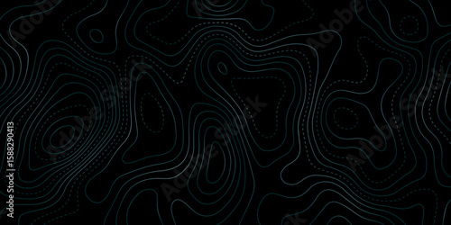 Dark futuristic background with glowing contour lines and dotted paths, resembling a topographic map. Ideal for sci-fi, tech designs, or abstract visuals with depth and navigation themes.