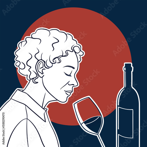 Woman smelling wine with bottle and glass in a modern line art style