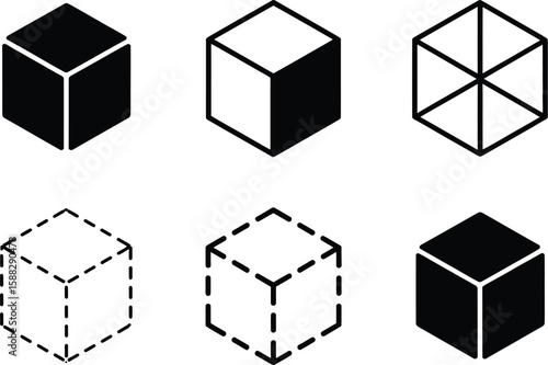 Six cube icons in various styles including solid line and dashed on a white background