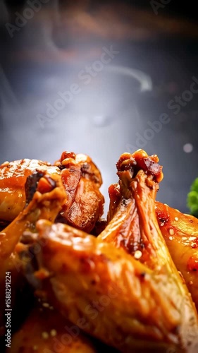 Appetizing golden brown cooked chicken wings on a dark surface with grill marks, glistening sauce, herbs and visible steam in warm lighting.