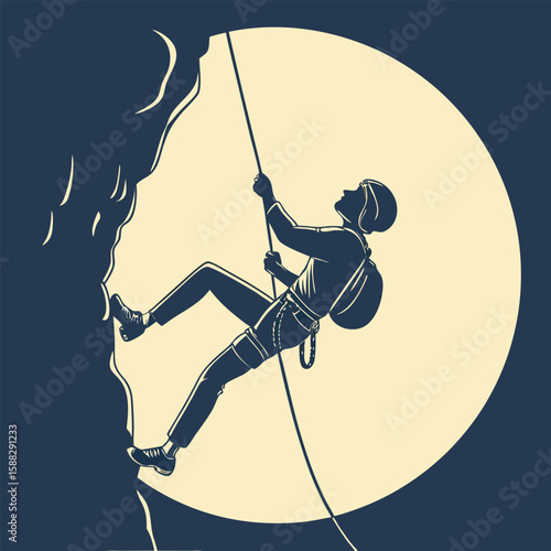 Silhouette illustration of a rock climber rappelling down a cliff face with safety gear