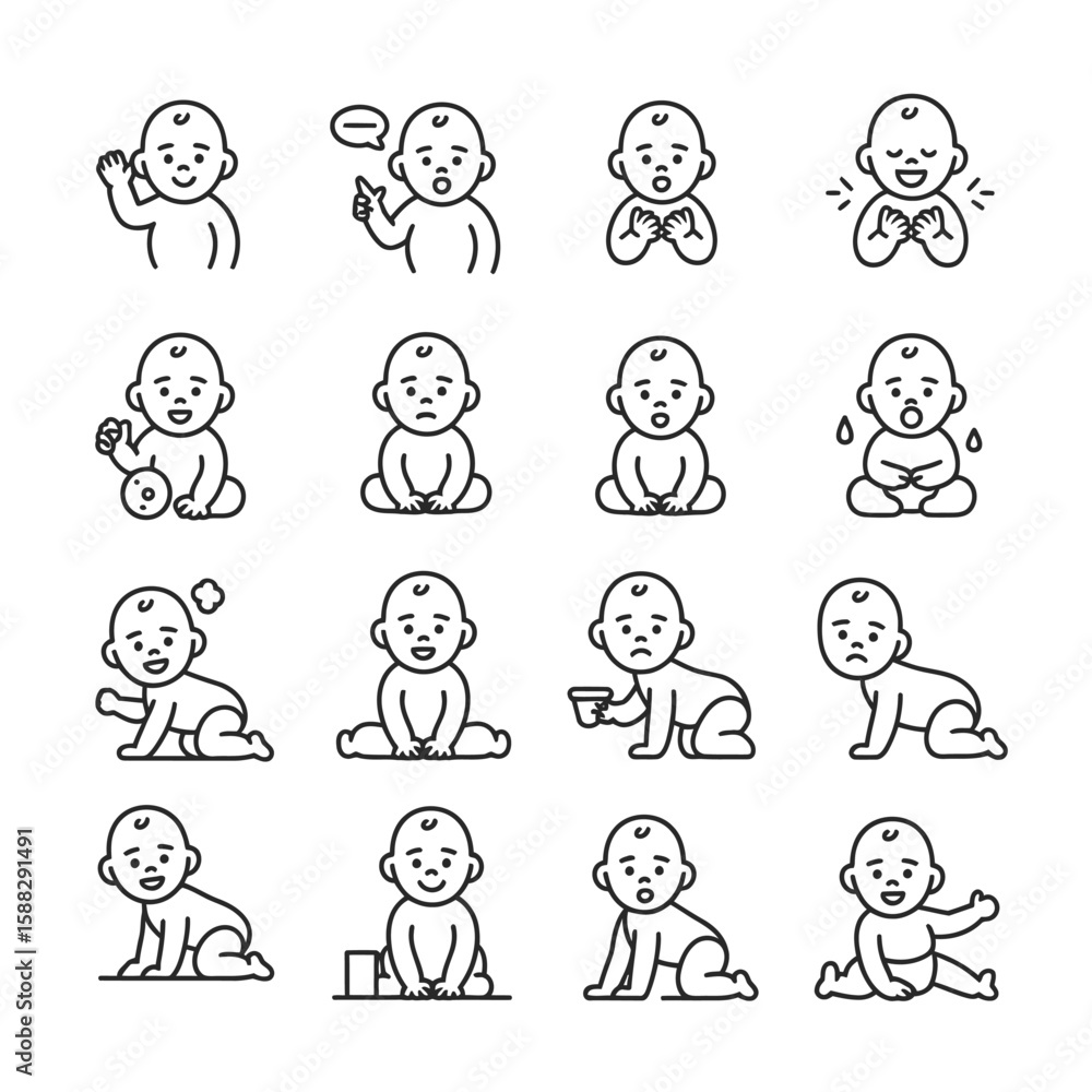 Sixteen Black and White Line Drawings of Infants Displaying Various Actions and Expressions Including Sitting Playing Crawling and Communicating Sixteen Black and White Line Drawings of Infants Displaying Various Actions and Expressions Including Sitting Playing Crawling and Communicating