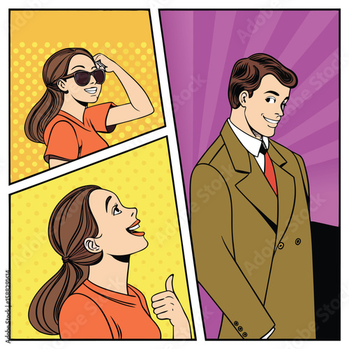 Comic Book Style Illustration of a Man Smirking at a Woman Admiring Him