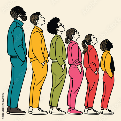Human evolution and diversity represented by figures looking up in colorful tracksuits illustration