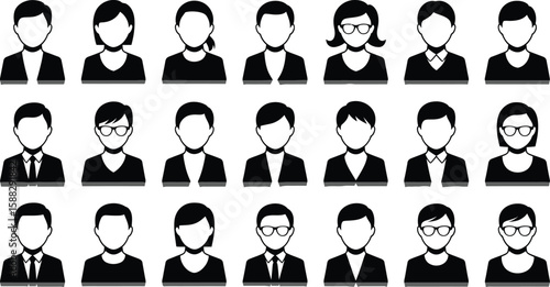 A collection of twenty one black and white generic faceless avatar illustrations
