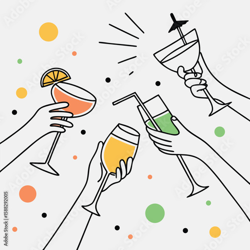 Celebration with Colorful Cocktails Hands Holding Drinks in a Festive Toast