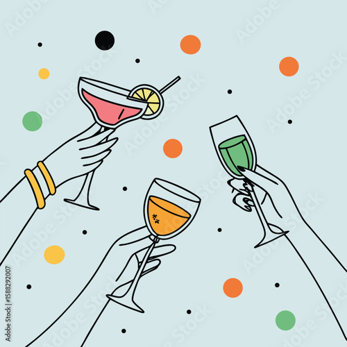 Illustration of hands holding cocktails in a celebratory toast with colorful dots and light blue background