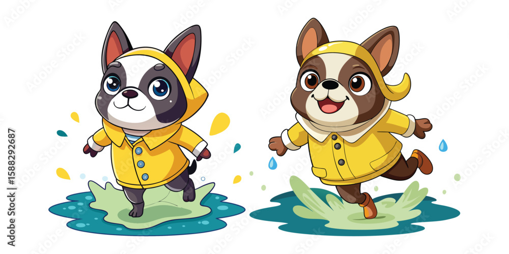 Fototapeta premium Cute Cartoon French Bulldog Wearing Raincoat and Boots Jumping in Puddle, Playful Puppy Vector Illustration, Kids Friendly Rainy Day Pet Design