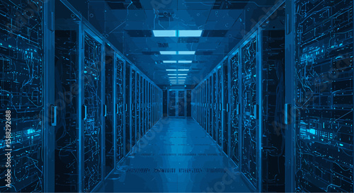 Futuristic Blue Data Center Hallway