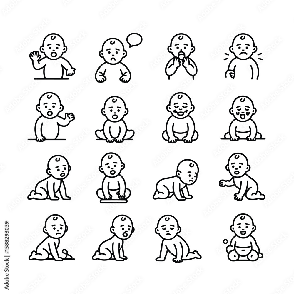 Sixteen Black and White Line Drawings of Babies in Various Poses and Expressions Including Sitting Playing Crying Crawling and Reaching Sixteen Black and White Line Drawings of Babies in Various Poses and Expressions Including Sitting Playing Crying Crawling and Reaching